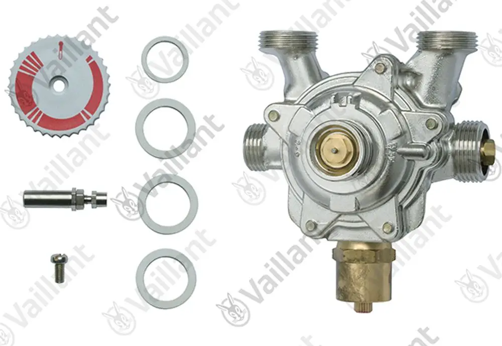 Vaillant Wasserschalter mit mehreren Anschlüssen, Zubehörteilen und Dichtungen in silberner Farbe, dargestellt auf einem weißen Hintergrund.